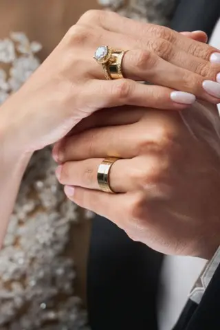 Dúo nupcial: anillo de compromiso y alianza de matrimonio